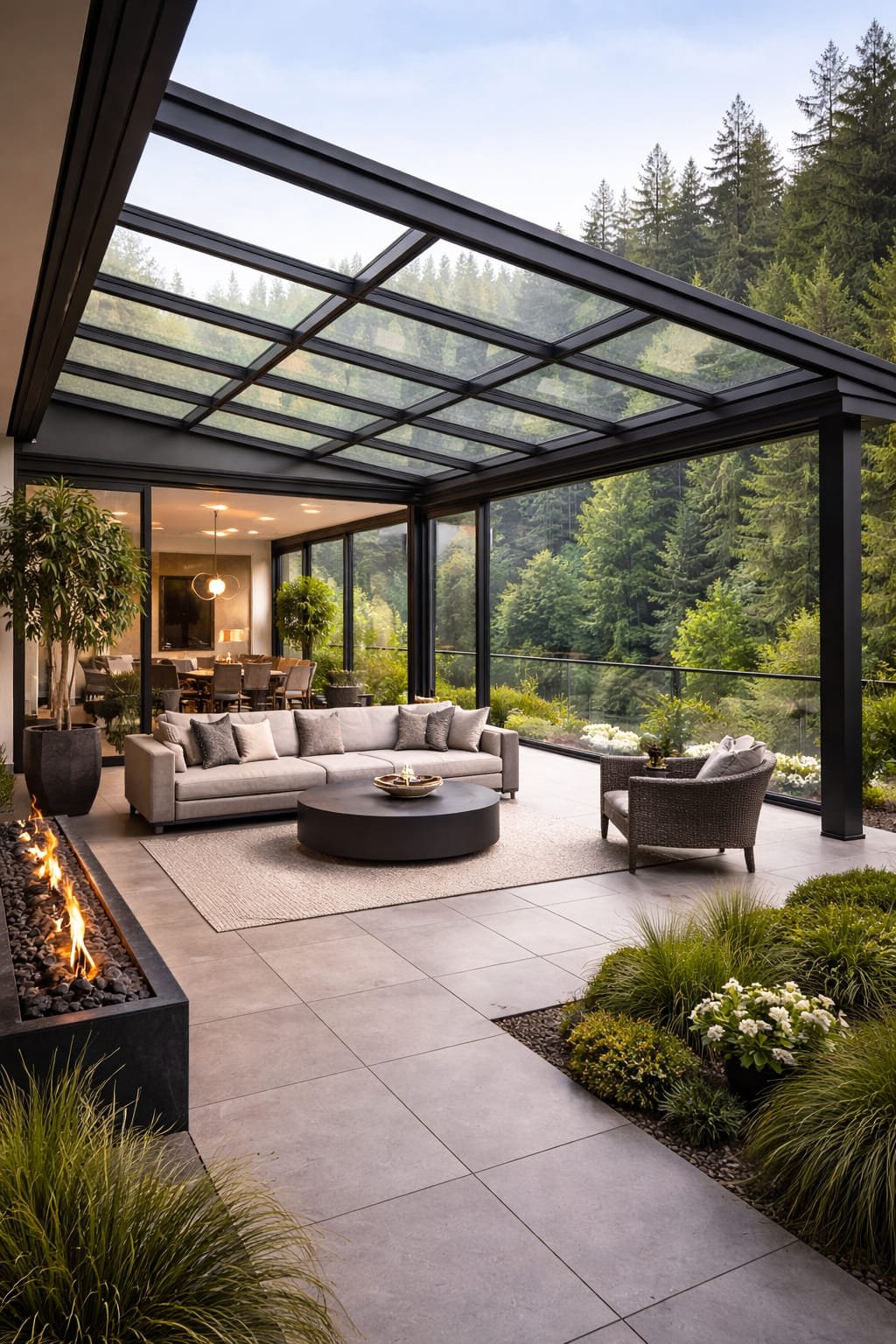 Pergola so sklenenou strechou — moderný dizajn s ohniskom