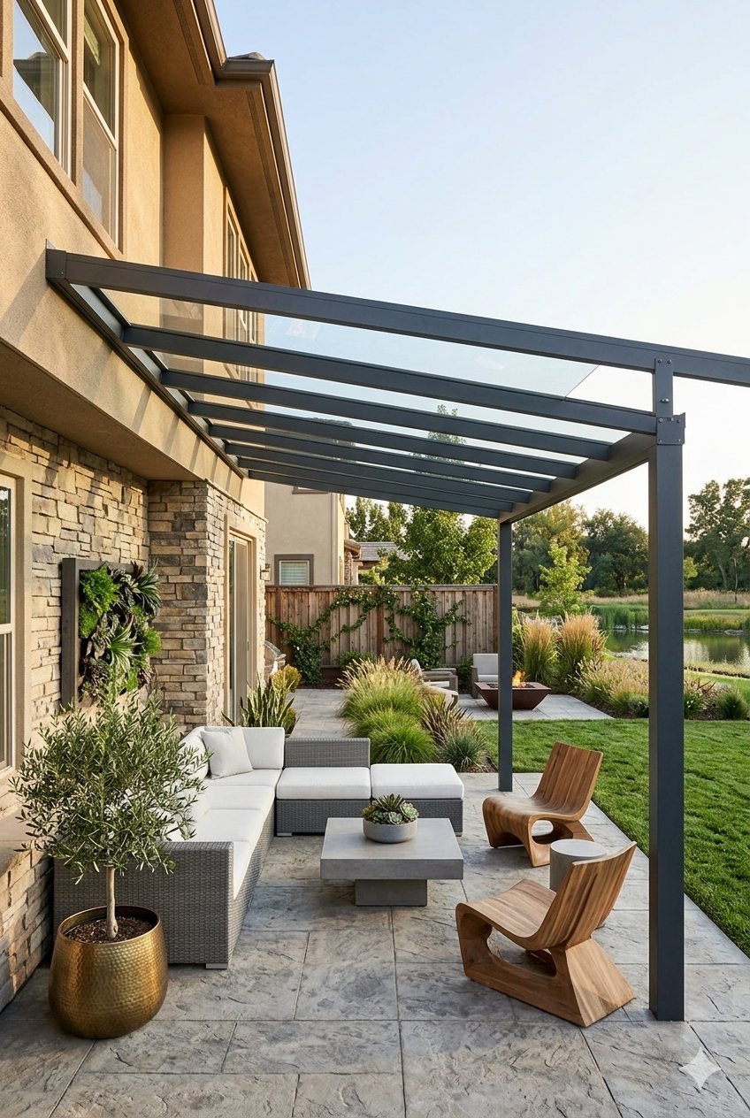 Pergola so sklenenou strechou — záhradné sedenie