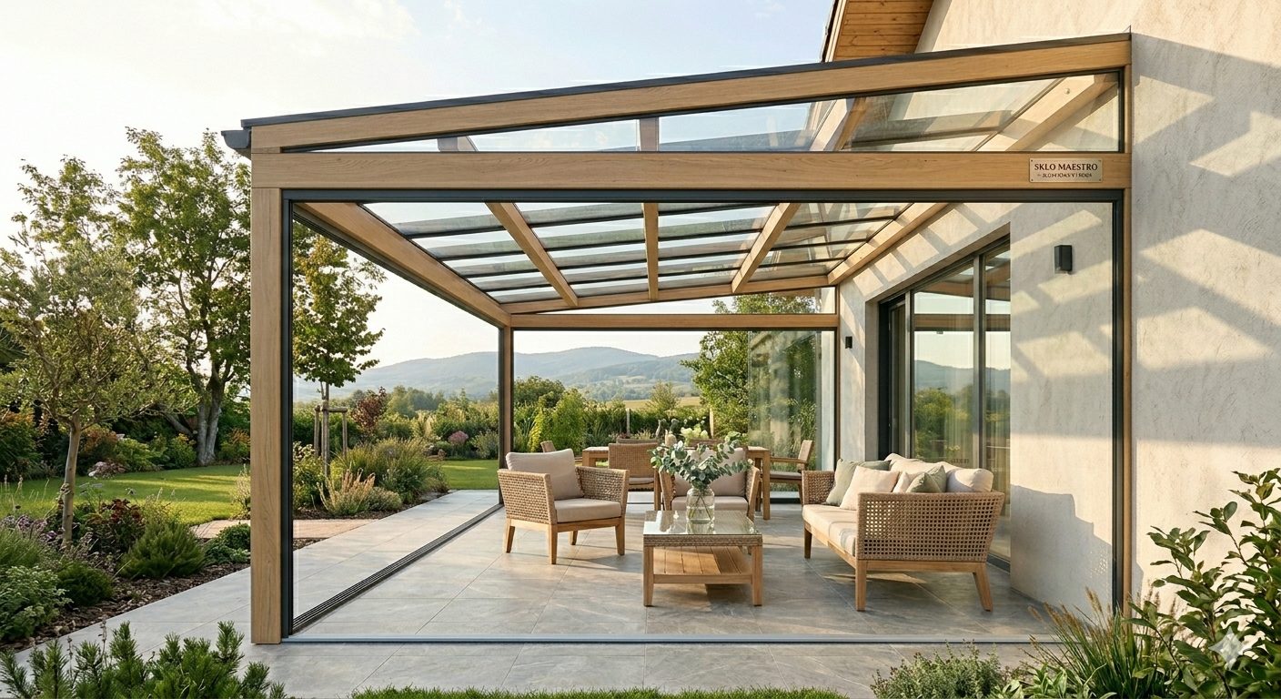 Pergola so sklenenou strechou na mieru — moderná kúpeľňa s walk-in sprchou